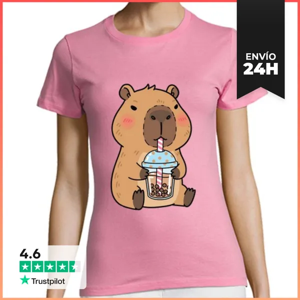 Camiseta Mujer Clásica Capibara Con Té Y Estilo Tranquilo
