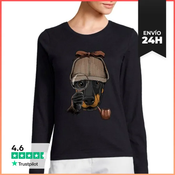 Camiseta Mujer Manga Larga Dóberman Detective Amante De Los