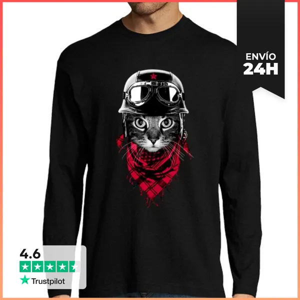 Camiseta Hombre Manga Larga Gato Aventurero LaTostadora