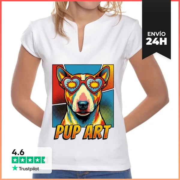 Camiseta Mujer Cuello Mao Perro Bull Terrier Retro Pop Art