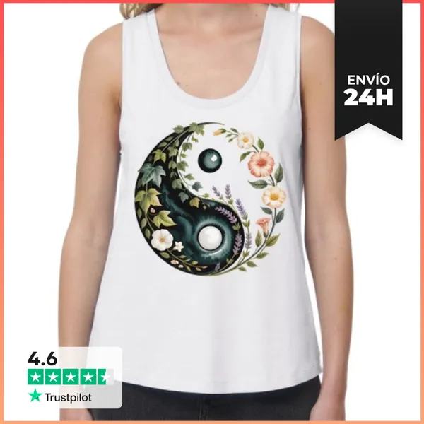 Camiseta Mujer Sin Mangas, Loose Fit Armonía Floral Yin Yang