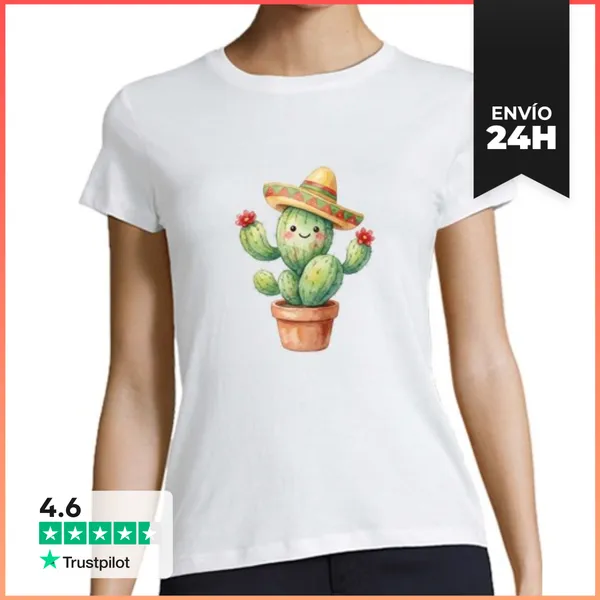 Camiseta Mujer Clásica Cactus Kawaii Con Sombrero En Maceta De