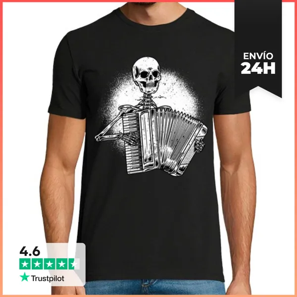 Camiseta Hombre Clásica Esqueleto Halloween Acordeonista