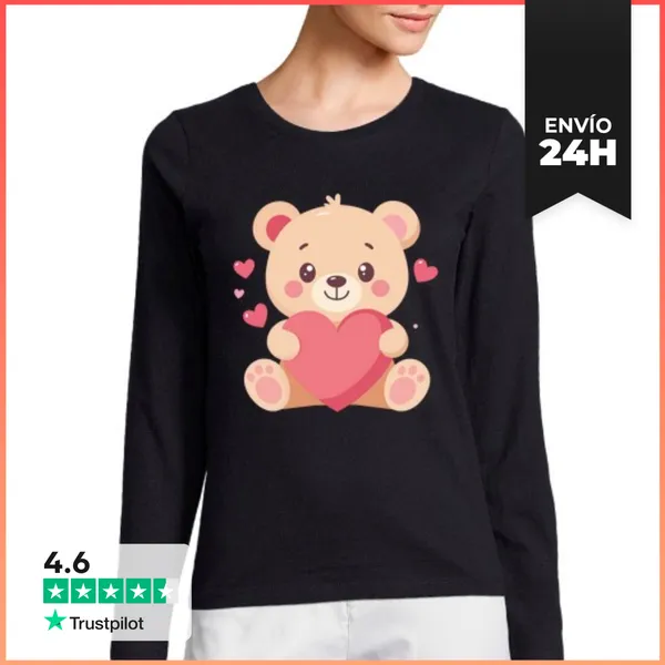 Camiseta Mujer Manga Larga Osito Kawaii Con Corazón LaTostadora