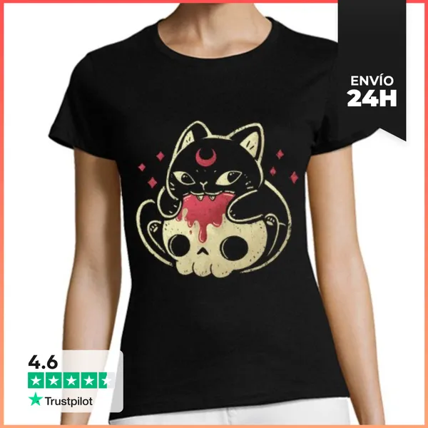 Camiseta Mujer Clásica Espeluznante Mordedura De Cráneo De Gat