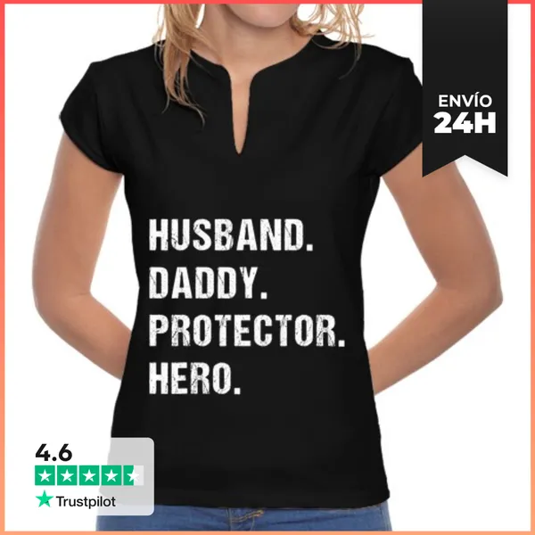 Camiseta Mujer Cuello Mao Esposo Papá Protector Héroe Cumpleaños