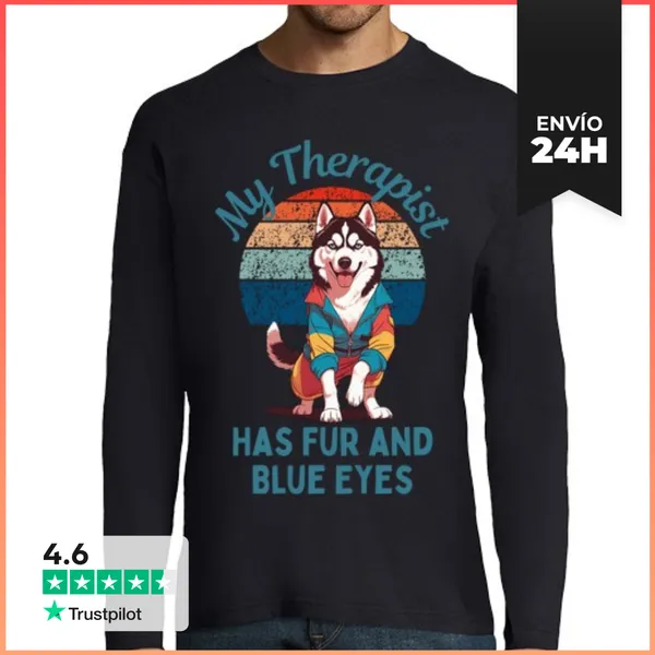 Camiseta Hombre Manga Larga Perro Husky Ojos Azules Regalo Lindo