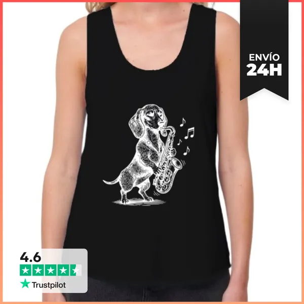 Camiseta Mujer Sin Mangas, Loose Fit Arte De Perro Saxofón