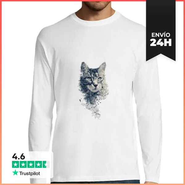 Camiseta Hombre Manga Larga Arte Poligonal Abstracto De Gato