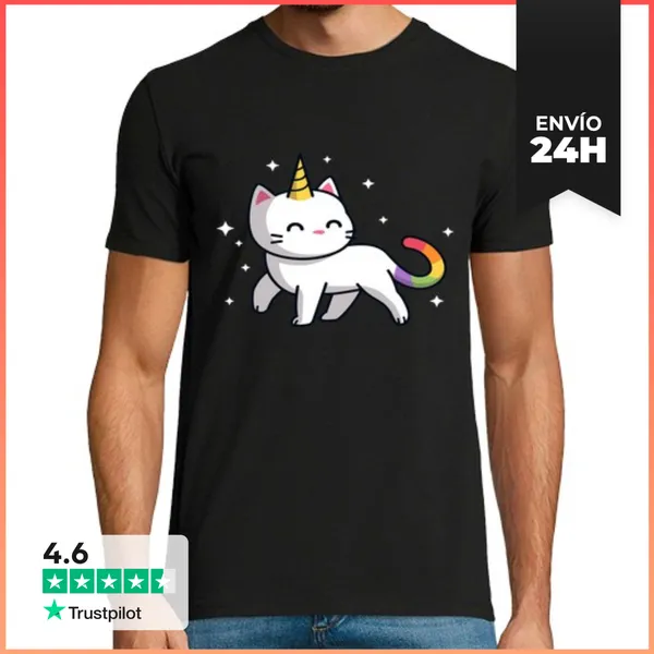 Camiseta Hombre Clásica Lindo Gatito Unicornio LaTostadora