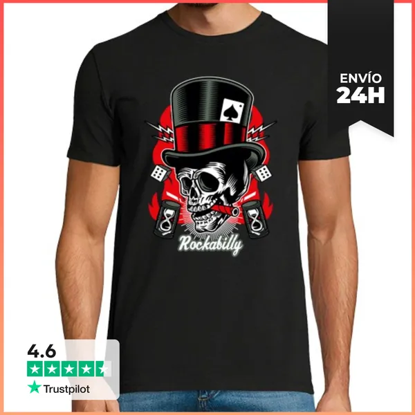 Camiseta Hombre Clásica Camiseta Biker Skull Rockabilly Rockers