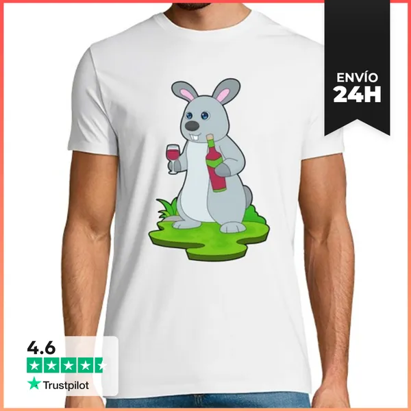 Camiseta Hombre Clásica Botella De Conejo De Vino Tinto