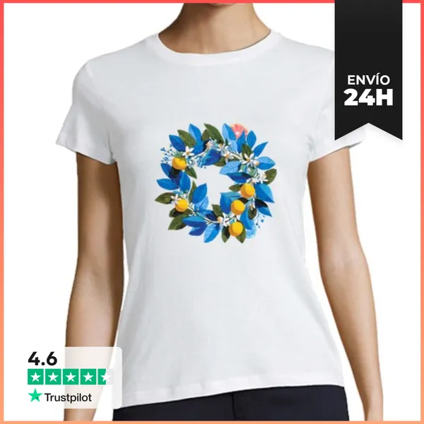 Camiseta Mujer Clásica Corona De Limones Y Follaje Azul