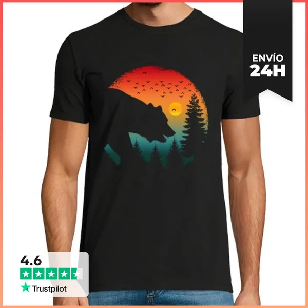 Camiseta Hombre Clásica Oso En Bosque Vintage Vida Silvestre