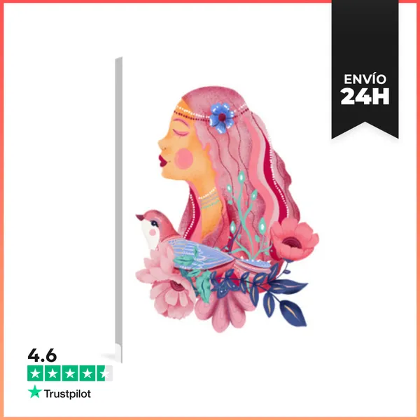 Lienzo Vertical Mujer Pelo Rosa Y Pájaro LaTostadora