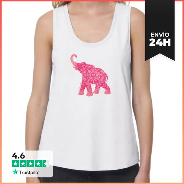 Camiseta Mujer Sin Mangas, Loose Fit Elefante Arrosa-elefante