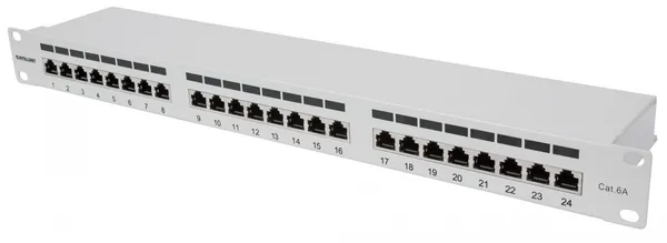 INTELLINET Panel de parcheo apantallado Cat6a de 24 puertos FTP 720854