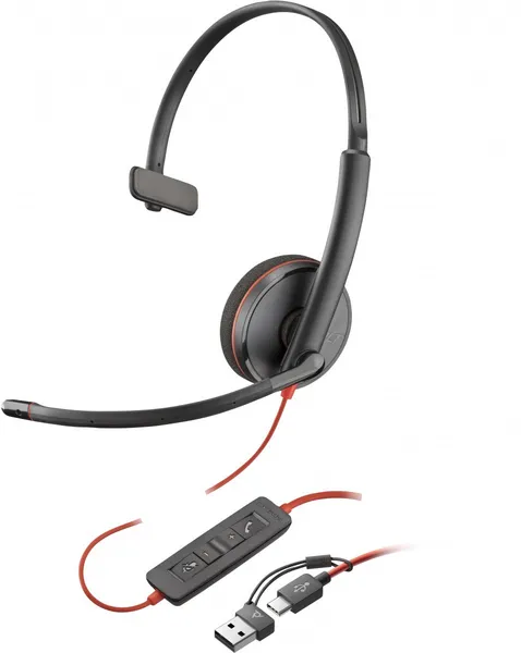 HP Poly Blackwire 3210 Monaural USB-C Black Headset +USB-C/A 8X2J8A6