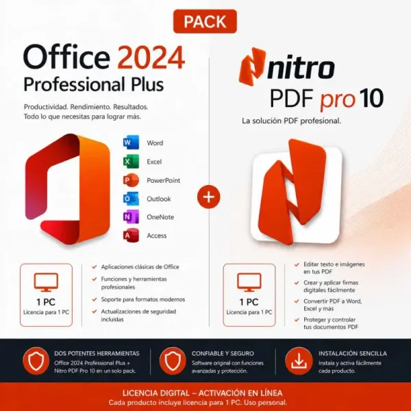 Pacote Office 2024 Professional Plus + Nitro PDF Pro 10 para Windows