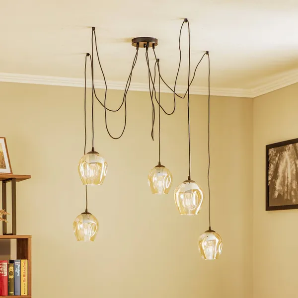 EMIBIG LIGHTING Lámpara colgante Starla, descentrada, 5 luces, ámbar