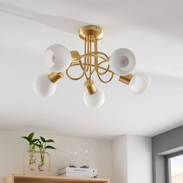 Lámpara de techo Lindby Elaina, Ø50cm, 5 luces, latón, cristal, E14