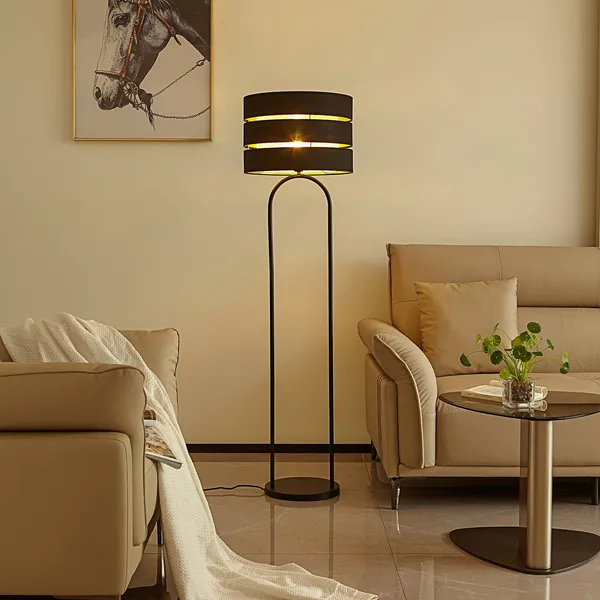 Lámpara de pie Lindby Tsomo, Ø 40 cm, negra, tela, E27