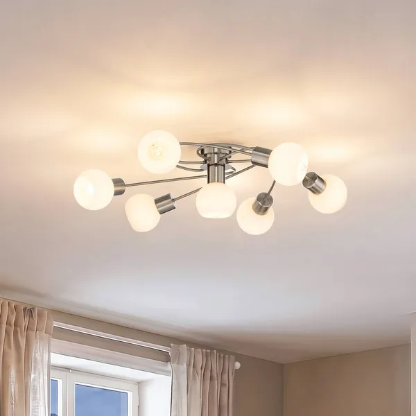 Plafón Lindby Ciala, 7 luces, color níquel, cristal