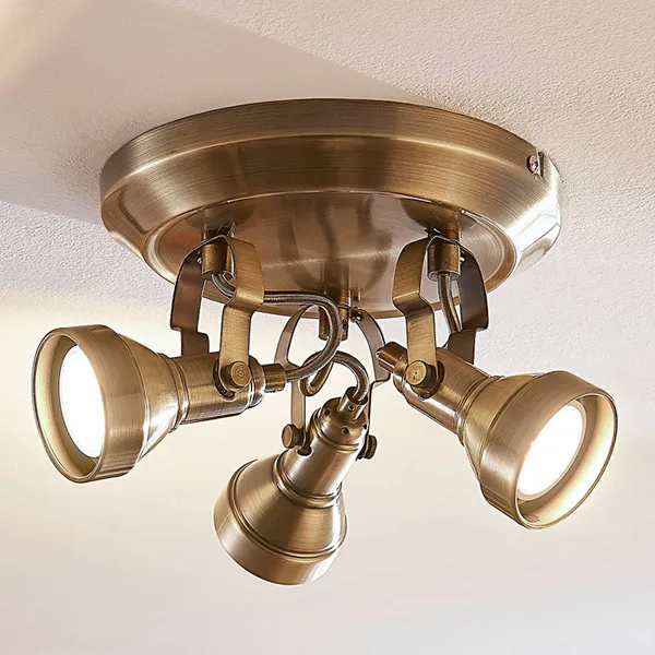 Lámpara de techo Lindby Perseas, Ø 22cm, 3 luces, latón antiguo, GU10