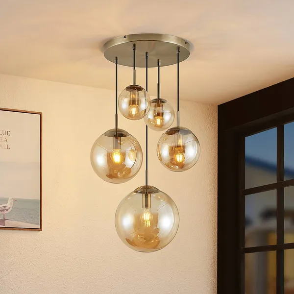 Lámpara colgante Lindby Teeja, ámbar, 5 luces, Ø50cm, cristal, E27