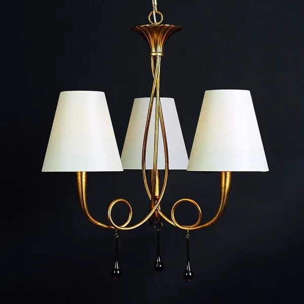 Mantra Iluminación Paola 3 luces colgante de oro con pantallas textiles