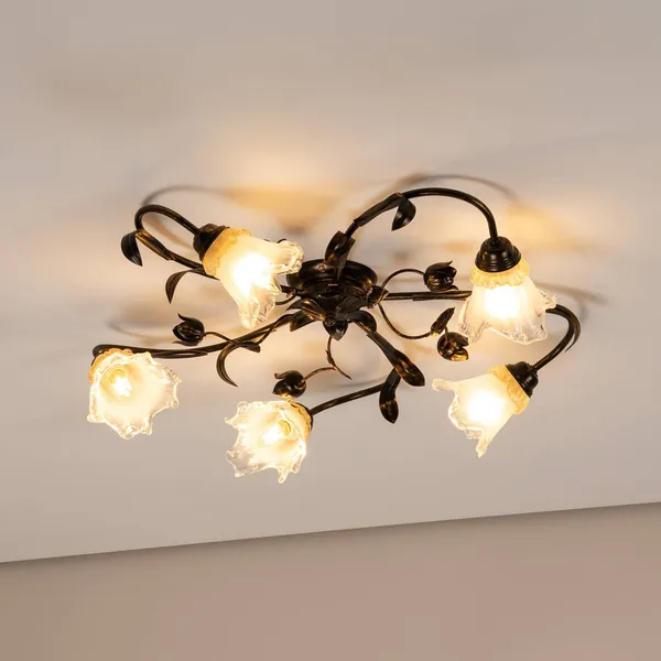 ONLI Plafón Arianna, color bronce, 5 luces, hierro, cristal