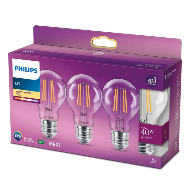 Philips LED Classic E27 4,3W 2.700K claro set 3