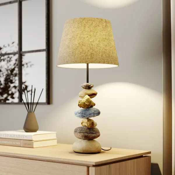 ONLI Lámpara de mesa Vera, pantalla de tela y decoración de piedra, 55 cm