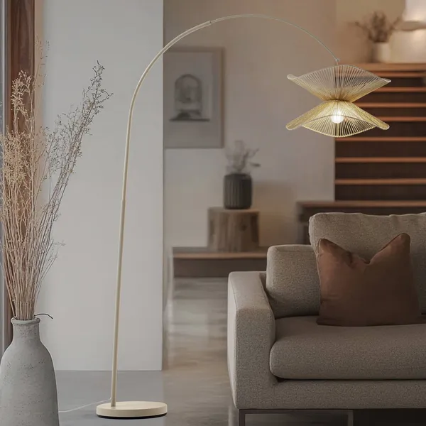 Lámpara arqueada Lindby Valdorin, beige, papel, 195 cm, IP20