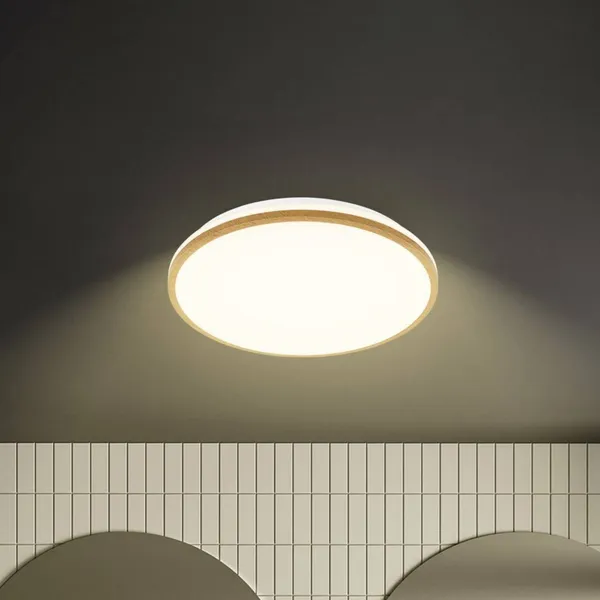 Briloner Plafón LED Acorus, Ø 33 cm, blanco/color madera, IP44