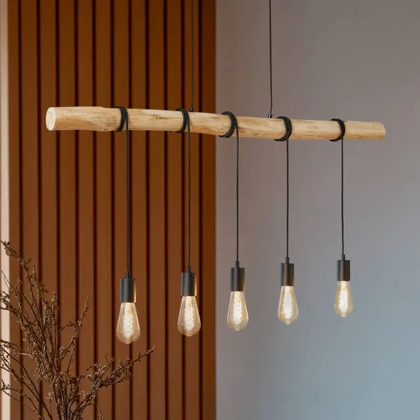 Lámpara colgante Lindby Rom, 5 luces, madera, cuerda, negro, 116 cm