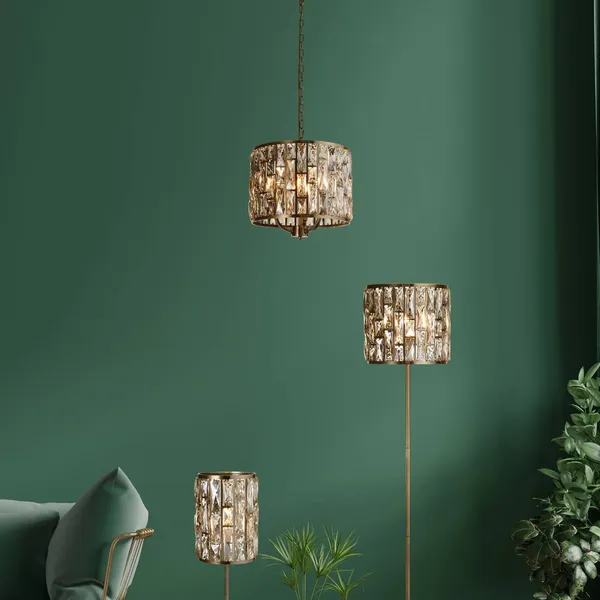 Searchlight Lámpara colgante Bijou, 3 luces, latón, cristal