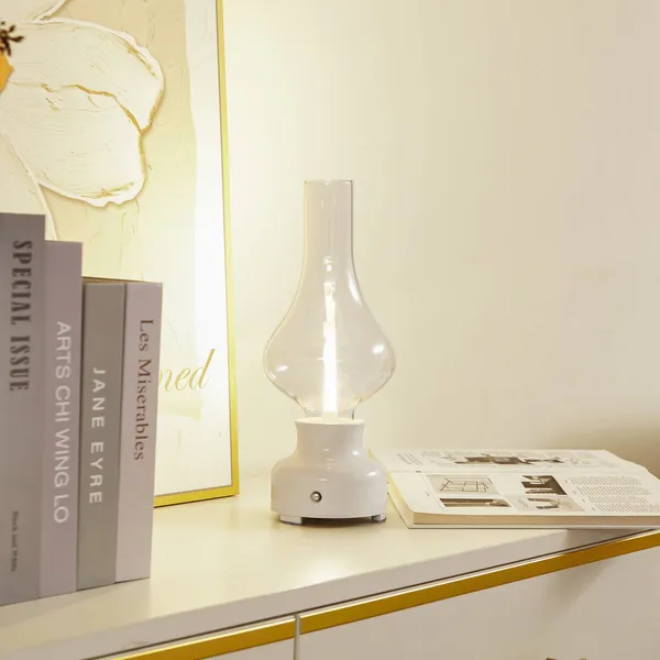Lámpara de mesa Lindby LED recargable Maxentius, crema, cristal, atenuador