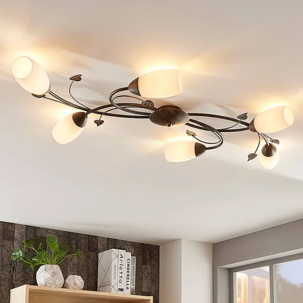 Plafón Lindby Stefania, 6 luces, negro/oro, 68cm