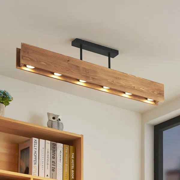 Plafón Lindby Malwin, GU10, 100 cm de largo, 6 luces, madera