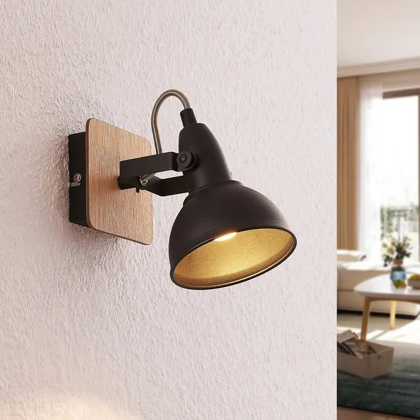Foco Lindby Aylis, altura 14 cm, negro, madera, E14