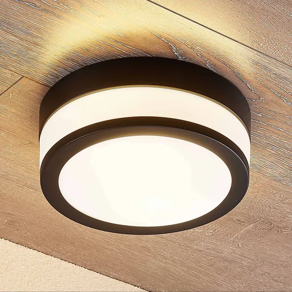 Lámpara de techo Lindby Flavi, Ø 23 cm, negra, cristal, IP44, E27