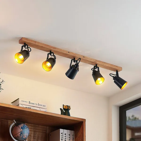 Lindby Kimban downlight de techo, 5 luces, 106 cm, madera, metal