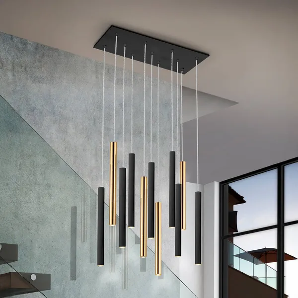 Schuller Valencia Lámpara colgante LED Varas atenuable, 11 luces, dorado/negro, metal