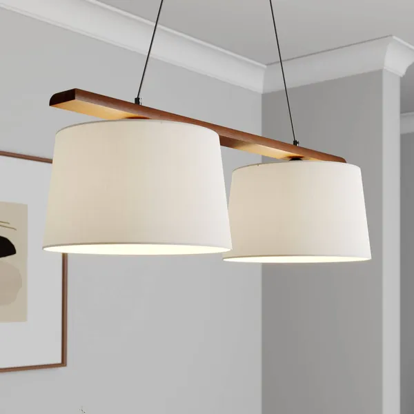 Lamkur Lámpara colgante Suecia, blanco antiguo, textil, nogal, 2 luces