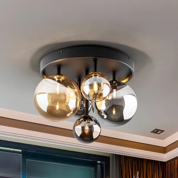 Schuller Valencia Plafón Dark, 5 luces, cristal, negro, ámbar, ahumado