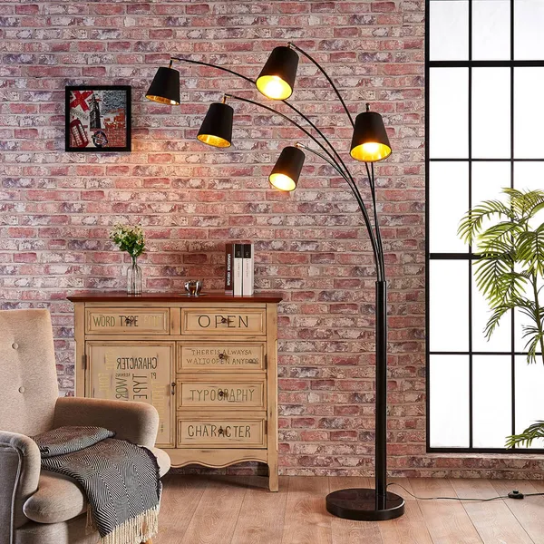 Lámpara arqueada Lindby Tinne, negro/dorado, mármol, 5 luces, E14