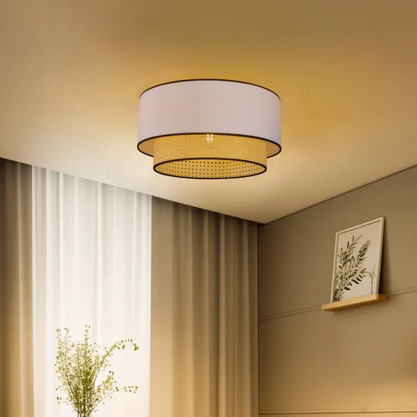 Duolla Lámpara de techo Boho, blanco/madera/negro, Ø 45 cm, tela/ratán