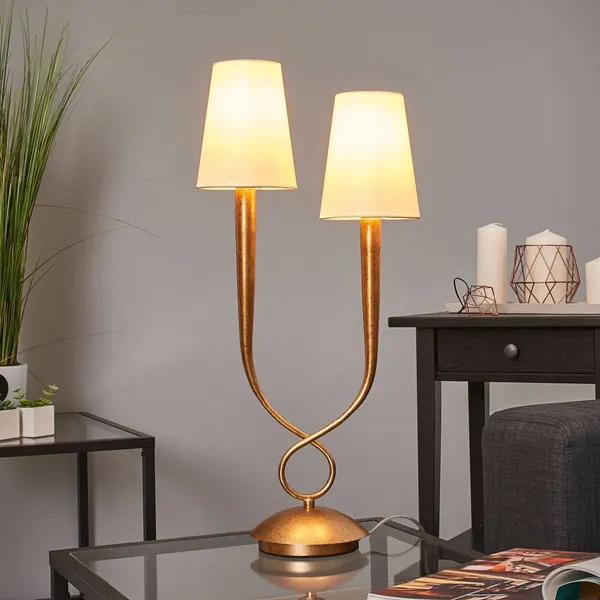 Mantra Iluminación Lámpara de mesa Paola 2 luces dorada con pantallas textiles