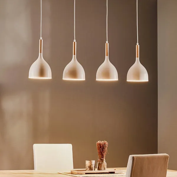 Luminex Lámpara colgante Noak, blanco/madera natural, 4 luces larga